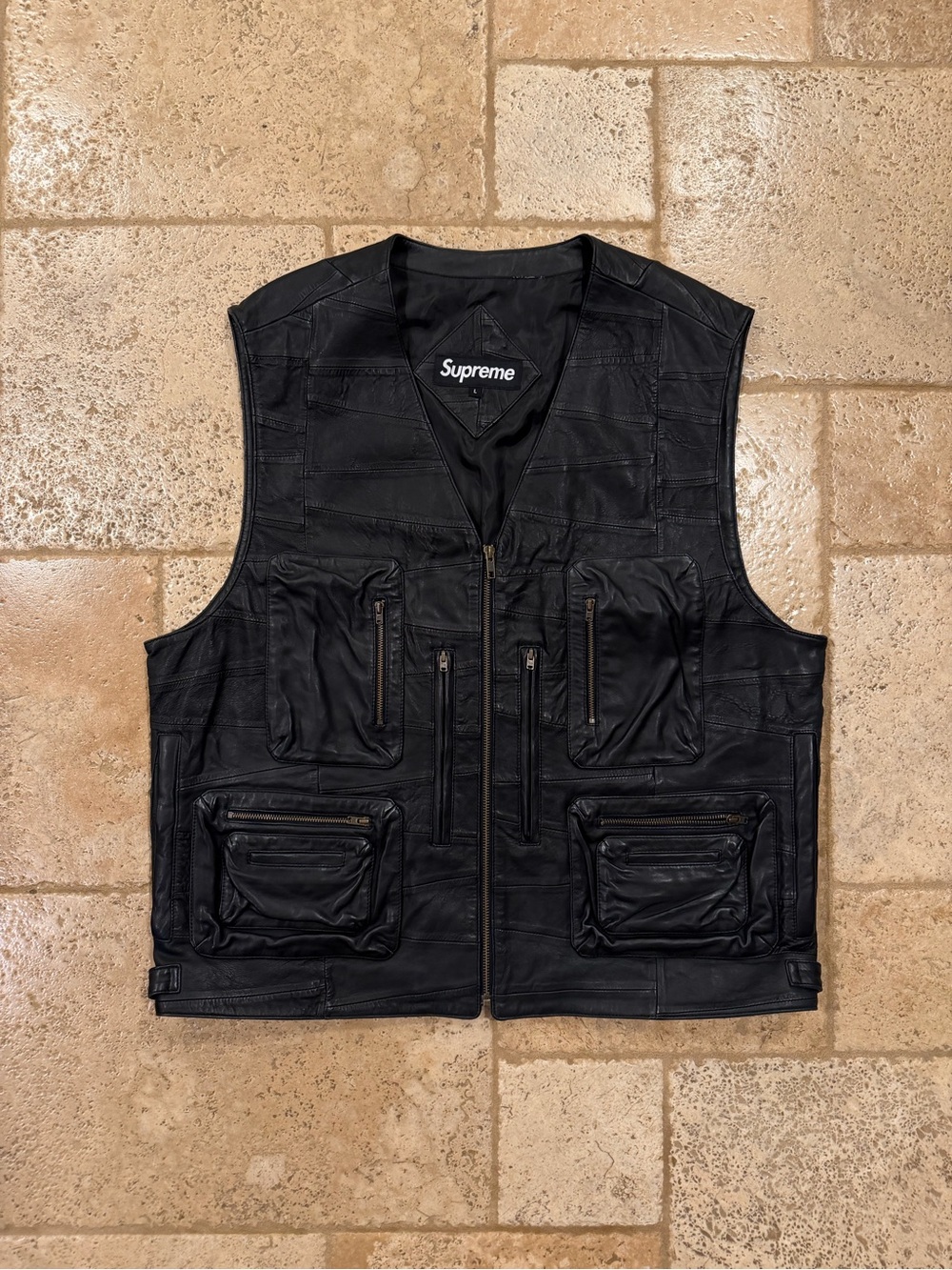 Supreme SS23 Patchwork Leather Cargo Black Vest